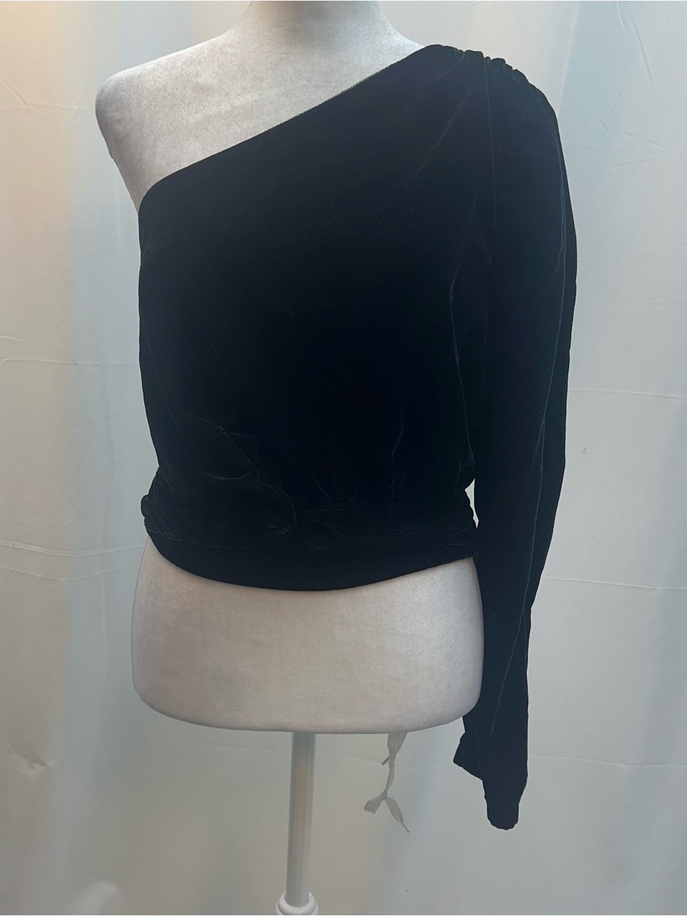 Free People Chic One-Shoulder Sleeve Black Velvet Top M NWTS